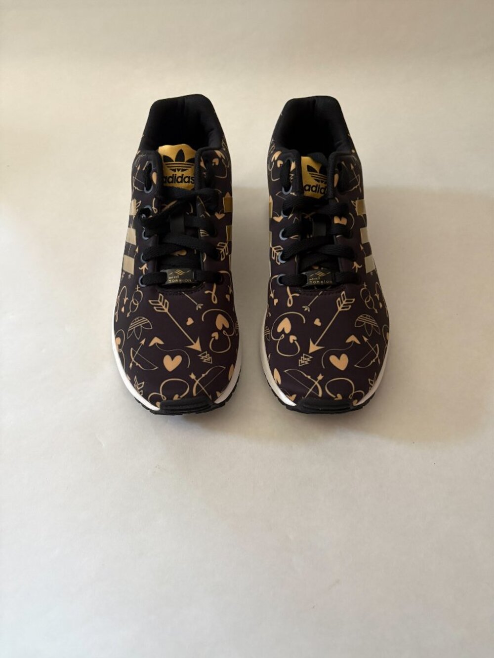 NWOB Women's Adidas Ltd Edition Torsion ZX Flux Black Gold Print Sneakers Size 9